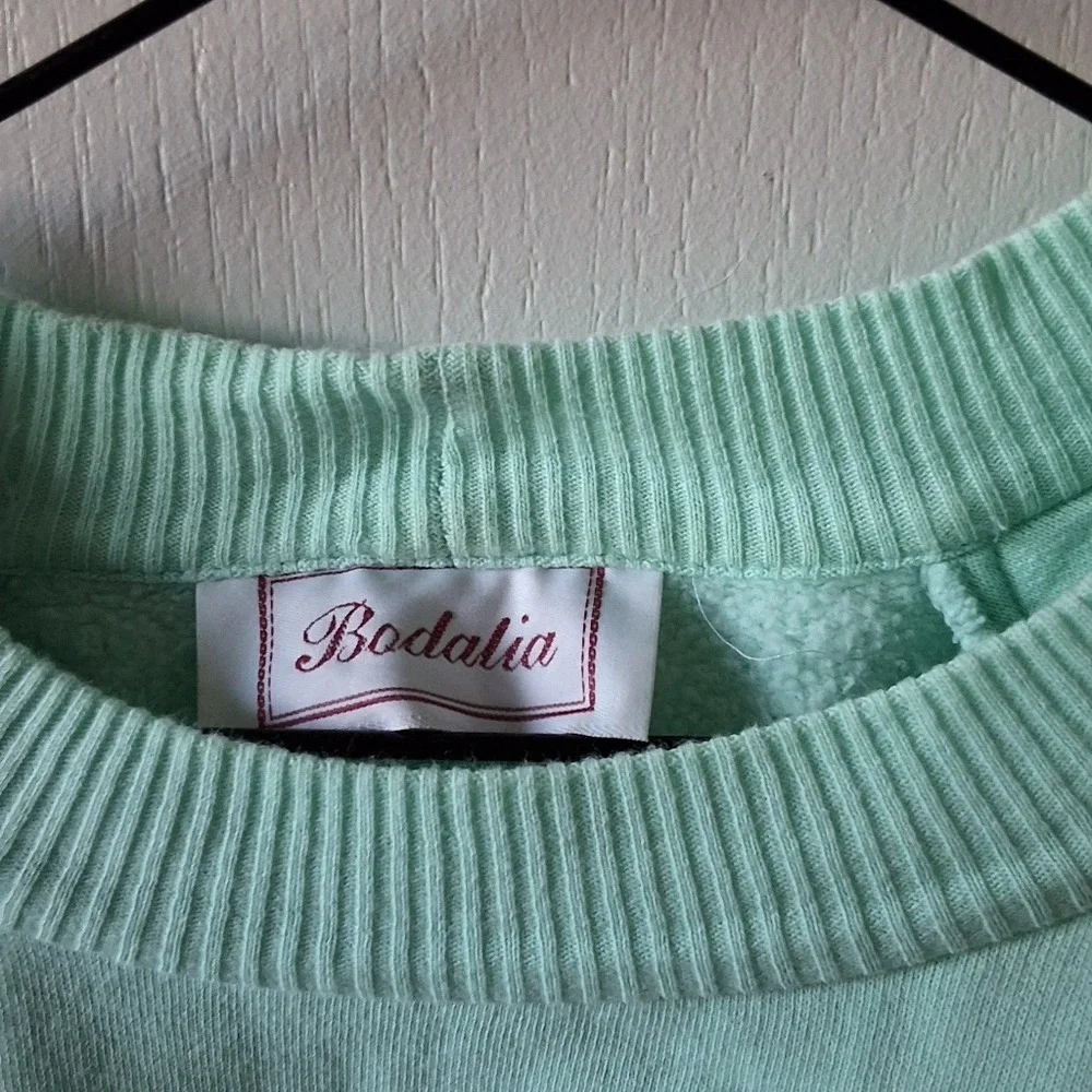 Bodalia Aqua Sweater 1980s Rhinestones Pearls Puffed Sleeves Vintage Flash Dance